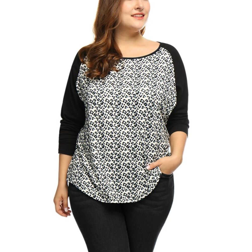 Plus Size Raglan Tee Print Long Sleeve Tunic T-Shirt Loose Blouses Tops Black